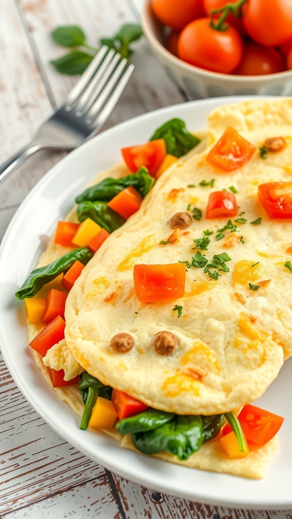 A fluffy egg white omelette with bell peppers, spinach, and tomatoes, garnished with herbs on a rustic table.